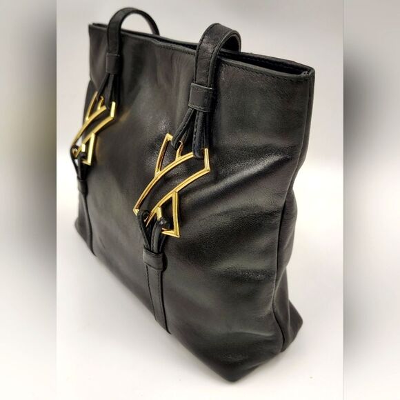 Paloma Picasso Vintage Black Leather Tote Bag Purse   w/Gold Accents - Picture 5 of 15